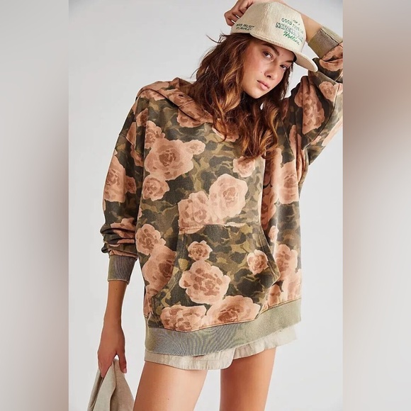 Free People Tops - Free People It's A Vibe Printed Hoodie Camouflage with Dusty Peach Roses